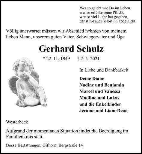 Traueranzeigen Von Gerhard Schulz Trauer Anzeigen De