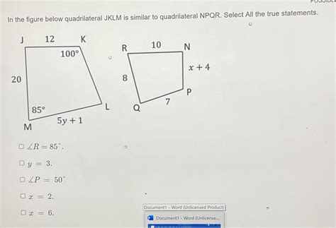 Solved In The Figure Below Quadrilateral JKLM Is Similar To