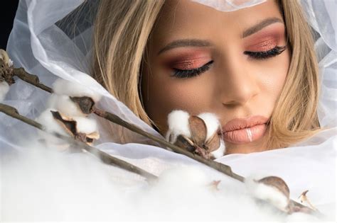 Premium Photo Blonde Make Up Model Beauty Makeup White Fabric Background