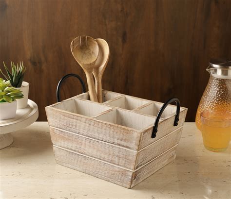 Buy Distressed Wood Finish With 5 Partitions Wooden Cutlery Caddy