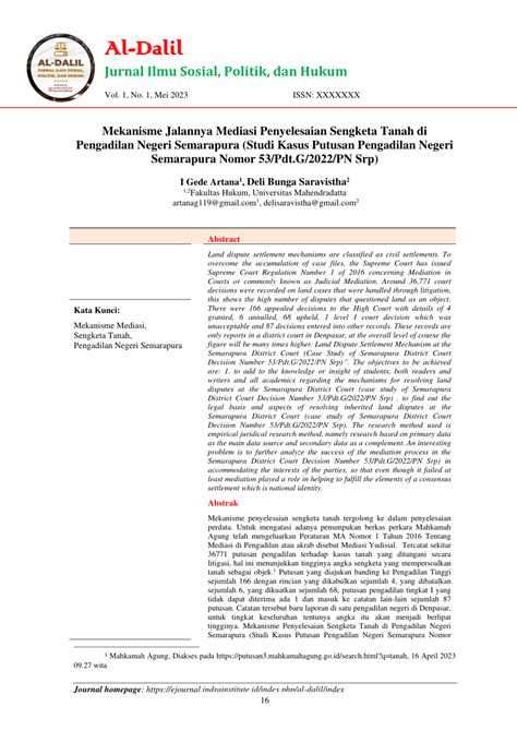 PDF Mekanisme Jalannya Mediasi Penyelesaian Sengketa Tanah Di