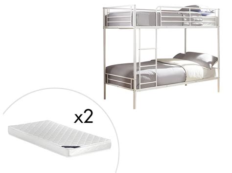 Lits superposés 2 x 90 x 190 cm métal blanc avec sommiers et matelas