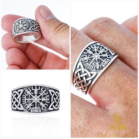 925 Sterling Silver Distressed Vegvisir And Celtic Knot Viking Ring