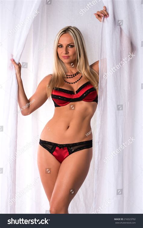 Beautiful Czech Blonde Red Black Lingerie Stock Photo 216523792 Shutterstock