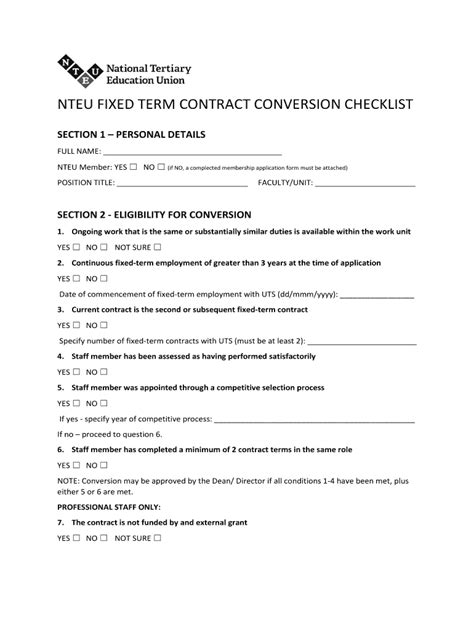 Fillable Online Nteu Fixed Term Contract Conversion Checklist Fax Email