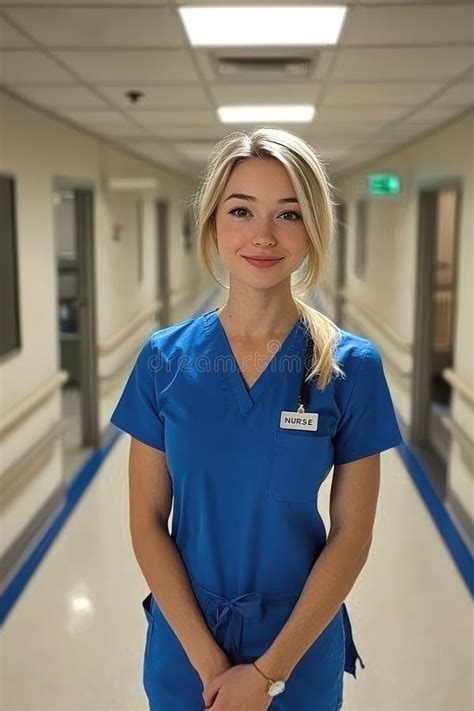 Confident Blonde Nurse In Blue Scrubs Standing In A Hospital Corridor With A Friendly Smile