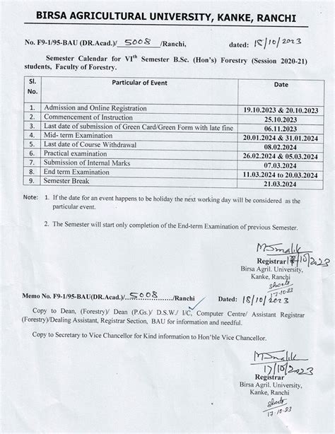 Semester Calendar For Vith Semester B Sc Hon S Forestry Session