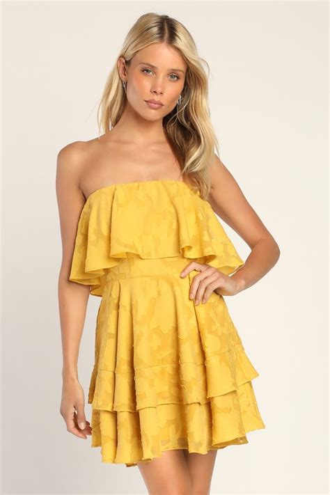 Yellow Strapless Dress Ruffled Mini Dress Chiffon Dress Lulus