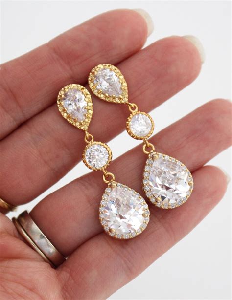 Cubic Zirconia Drop Earrings Gold Bridal Earrings Gold Etsy