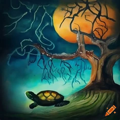 Cave Art Painting Of A Water Turtle Under A Tree At Night