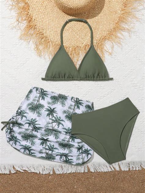 Tween Girls Palm Tree Pattern Cover Up With Solid Color Bikini Set SHEIN USA