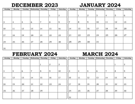 Free December To March Printable Calendar Templates