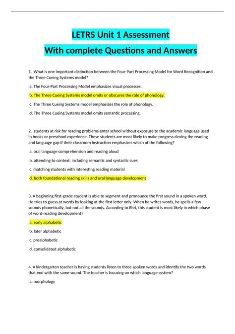 Letrs Unit Assessment With Complete Questions And Answers Latest