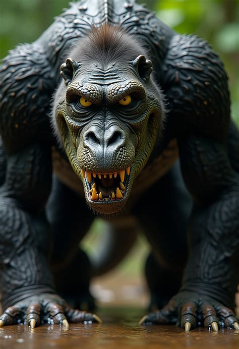 Close Up View Of Hybrid Gorilla Crocodile Creature Stable Diffusion