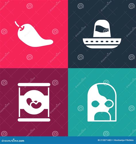 Set Pop Art Mexican Wrestler Beans In Sombrero And Hot Chili Pepper Pod Icon Vector Stock