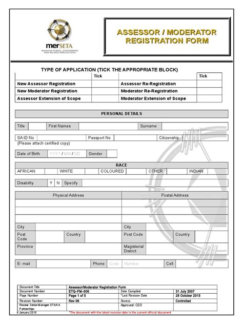 Etq Fm 006 Assessor Moderator Registration Form Due For Review By 28 Oct 2017 Internet Forum