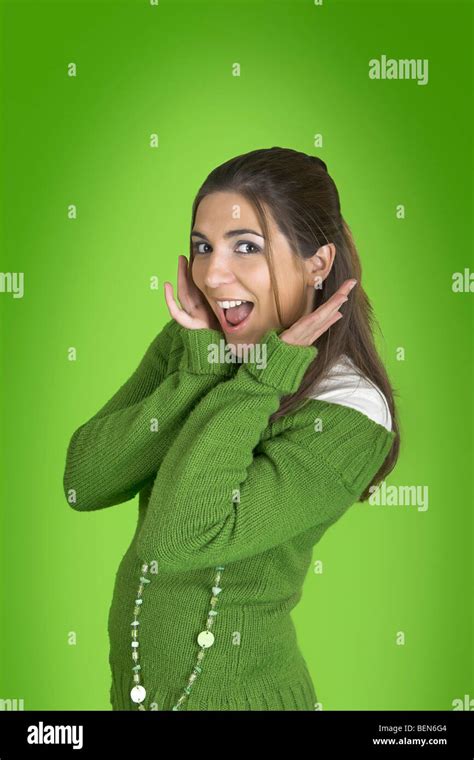 Happy Beautiful Model On A Green Background Stock Photo Alamy