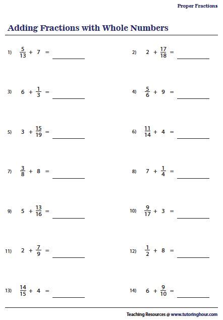 Adding Fractions With Whole Numbers Worksheets Subtracting F