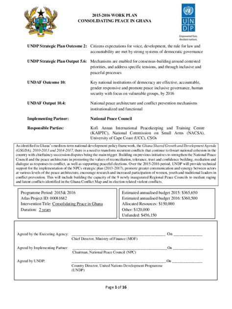 Fillable Online Info Undp 2015 2016 Work Plan Consolidating Peace In