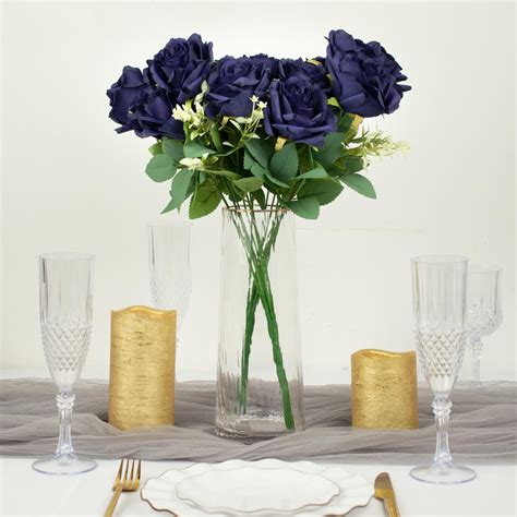 2 Bushes | 18" Navy Blue Artificial Silk Rose Flower | eFavorMart