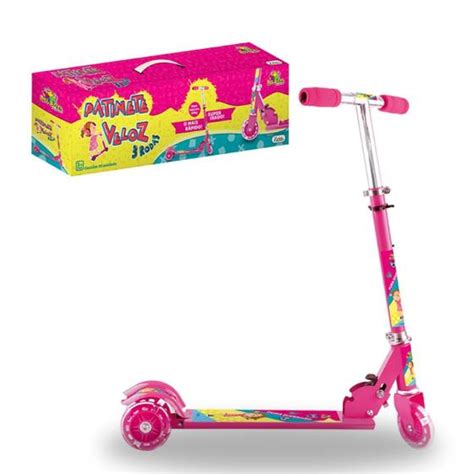 Patinete Infantil Menina Rosa c 3 Rodas Luzes Led 50Kg Dobrável Art