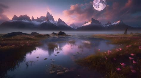 Premium Photo | A landscape with mountains and a moon in the sky