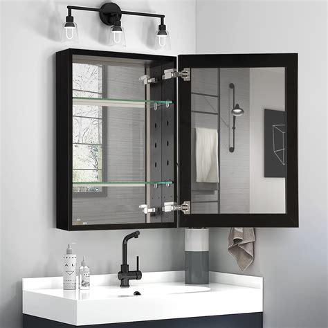 Wellfor Bathroom Medicine Cabinet 16 In X 20 Surface Recessed Black Mirrored Rectangle The