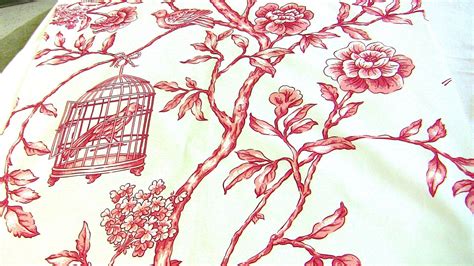 Bird Print Toile Red On Fine White Fabric By Slipcoveruniversity