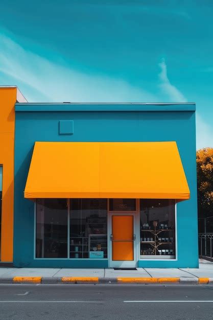 Store Front With Yellow Awnings On Blue Building Premium AI Generated