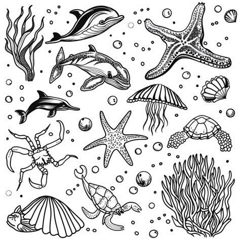 A black and white drawing of sea animals and fish generative ai ...