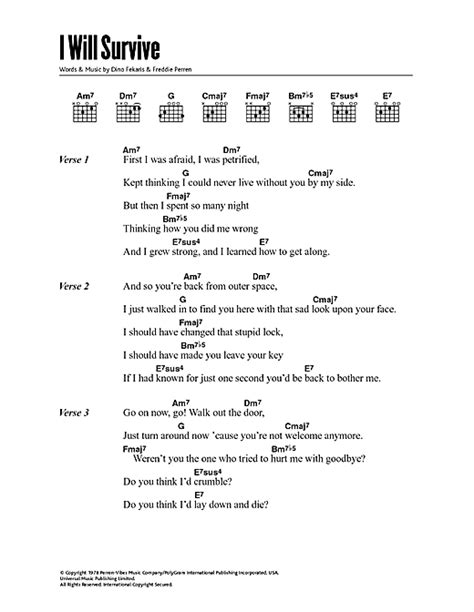 I Will Survive Sheet Music By Gloria Gaynor Lyrics Chords