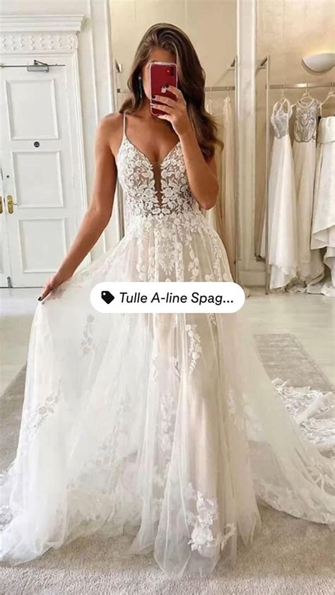 White Ivory Lace Side Slit Wedding Dress Spaghetti Straps Backless