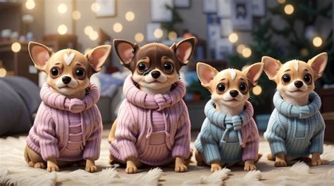 Three Small Dogs Wearing Sweaters Sitting On A Rug In Front Of A