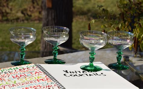 Vintage Green Uranium Cocktail Martini Glasses Bryce Iridescent