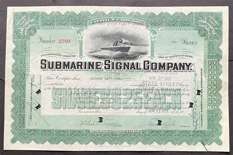 Submarine Signal Co Stock 1925 Boston Sonar Navigation Pioneers Ww I