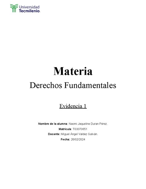 Evidencia 1 Derechos Fundamentales Materia Derechos Fundamentales Evidencia 1 Nombre De La