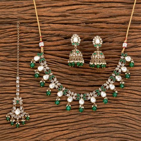 Antique Mehndi Plated Reverse Ad Stone Necklace Set With Moti In Polki