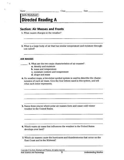 Air Masses and Fronts Worksheet - Laney Lee - Worksheets Library