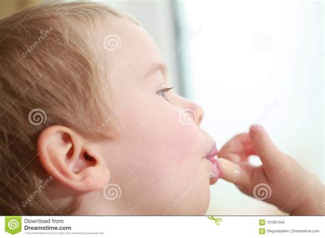 Funny Babe Blondes Licks Finger With Yogurt Stock Photo Image Of Hand Face 101651042