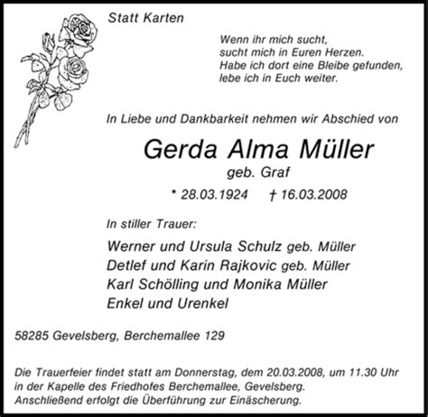 Traueranzeigen Von Gerda Alma M Ller Trauer In Nrw De