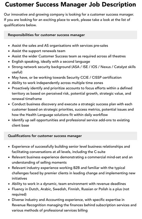 Customer Success Manager Job Description Velvet Jobs