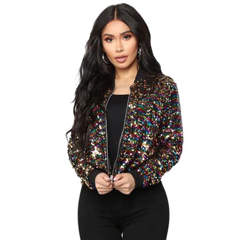 Versear Women Bomber Jacket Colorful Glitter Bling Bling Zipper Cool Street Club Wear Bomber