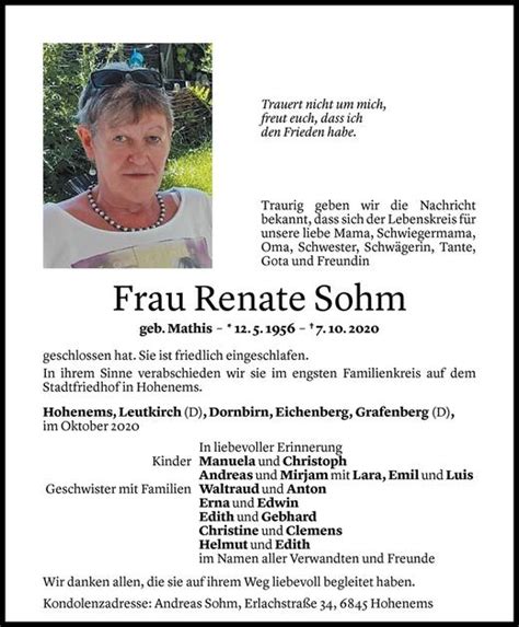 Todesanzeigen Von Renate Sohm Todesanzeigen Vorarlberger Nachrichten