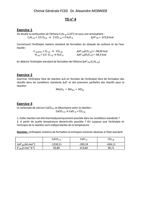 TD 4 Chimie Générale FC03 Dr Alexandre MONNIER TD n 4 Exercice 1 On