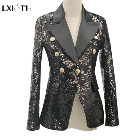 Lxmsth Black Women Sequin Blazer Golden Button High Quality Spring New Fashion Slim Bling Suit