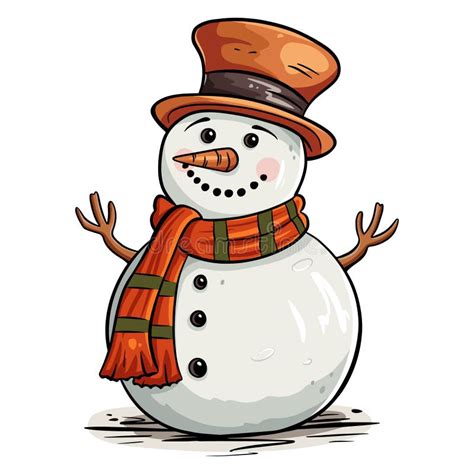 Cartoon Snowman With Hat And Scarf In Hand Drawn Style Stock Vector