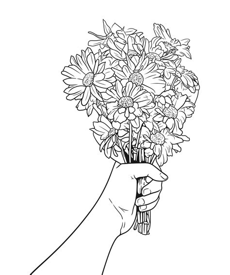 Female Hand Presenting A Flower Bouquet In Line Art Style 10962621