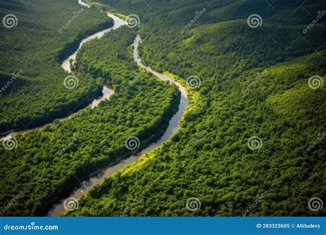 Aerial Shot Of Winding River Through Lush Green Landscape Stock Image