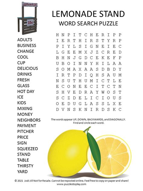 Lemonade Stand Word Search Puzzle Puzzles To Play