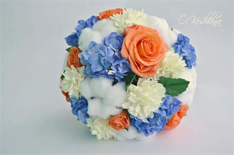 Orange & Blue Flowers Bridal Bouquet Toss Bouquet Bridal Flowers Cotton ...